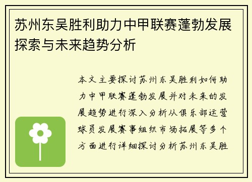 苏州东吴胜利助力中甲联赛蓬勃发展探索与未来趋势分析